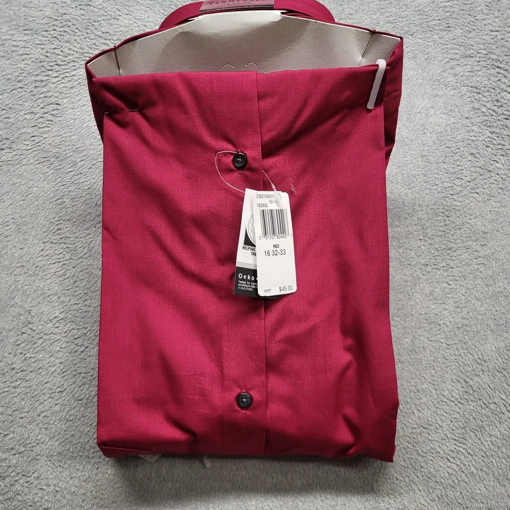Van Heusen Men Button Up Shirt 16X32 Red Long Sleeve Poplin‎ NWT